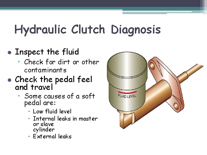Hydraulic Clutch Diagnosis l Inspect the fluid • Check for dirt or other contaminants
