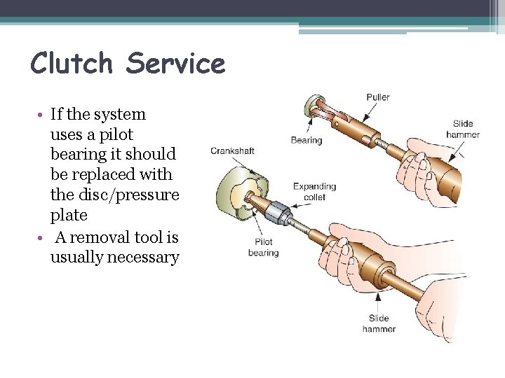 Clutch Service • If the system uses a pilot bearing it should be replaced