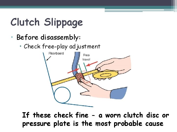 Clutch Slippage • Before disassembly: • Check free-play adjustment If these check fine -