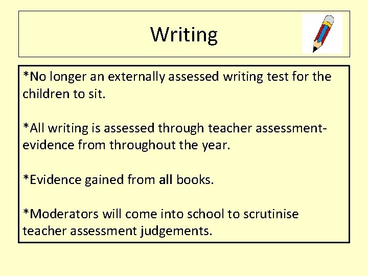 Writing *No longer an externally assessed writing test for the children to sit. *All