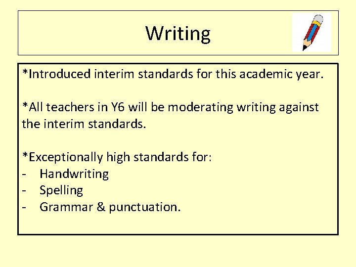 Writing *Introduced interim standards for this academic year. *All teachers in Y 6 will
