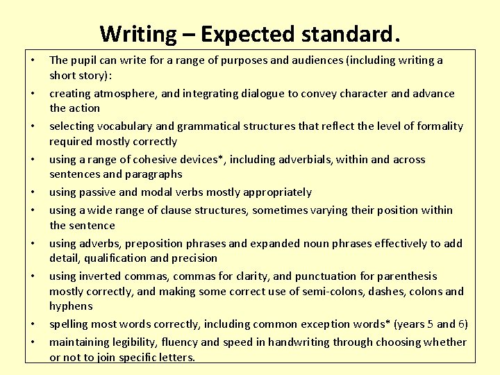 Writing – Expected standard. • • • The pupil can write for a range