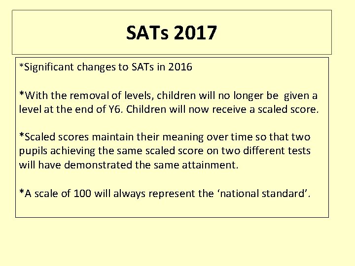 SATs 2017 *Significant changes to SATs in 2016 *With the removal of levels, children