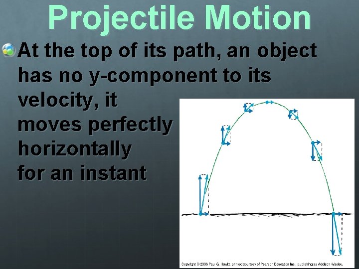 Projectile Motion At the top of its path, an object has no y-component to