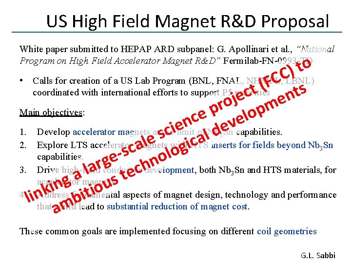 US High Field Magnet R&D Proposal White paper submitted to HEPAP ARD subpanel: G.