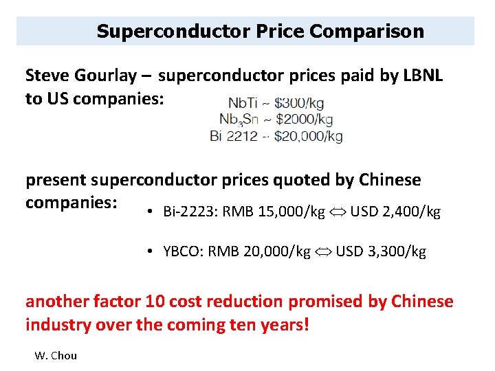 Superconductor Price Comparison Steve Gourlay – superconductor prices paid by LBNL to US companies: