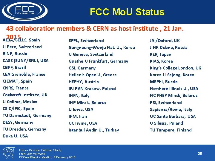 FCC Mo. U Status 43 collaboration members & CERN as host institute , 21