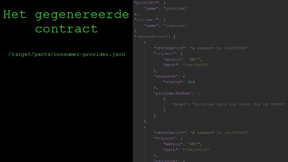 Het gegenereerde contract /target/pacts/consumer-provider. json 