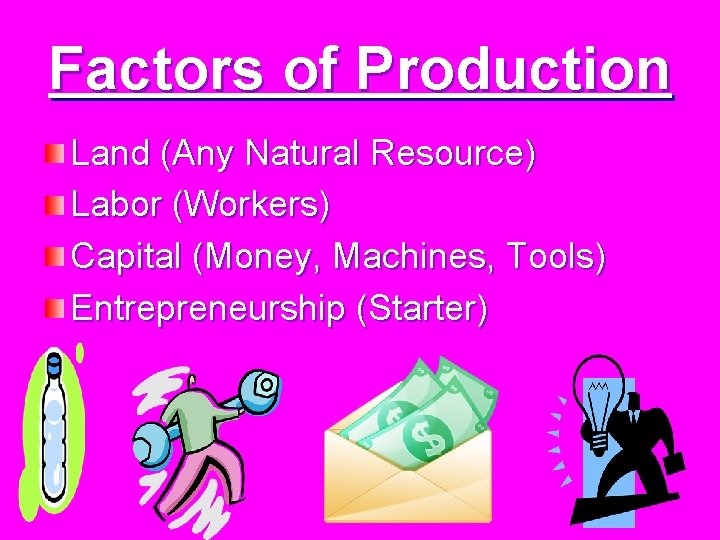Factors of Production Land (Any Natural Resource) Labor (Workers) Capital (Money, Machines, Tools) Entrepreneurship