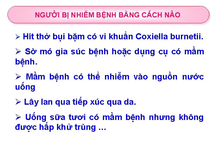 NGƯỜI BỊ NHIỄM BỆNH BẰNG CÁCH NÀO Ø Hít thở bụi bặm có vi