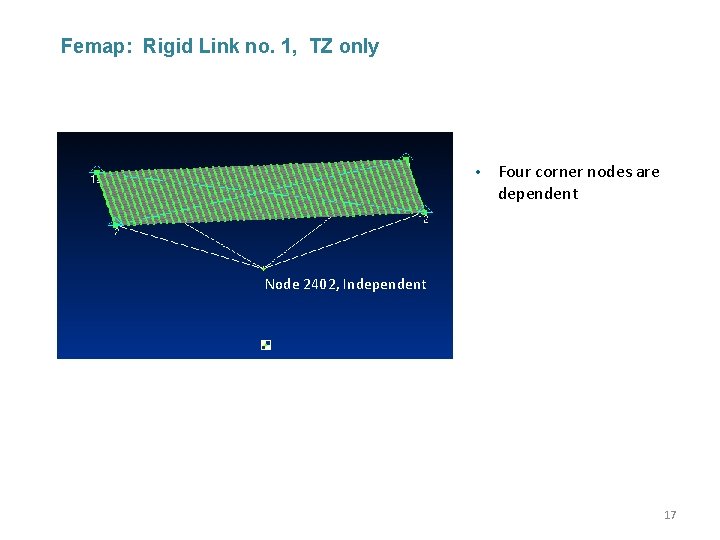 Femap: Rigid Link no. 1, TZ only • Four corner nodes are dependent Node