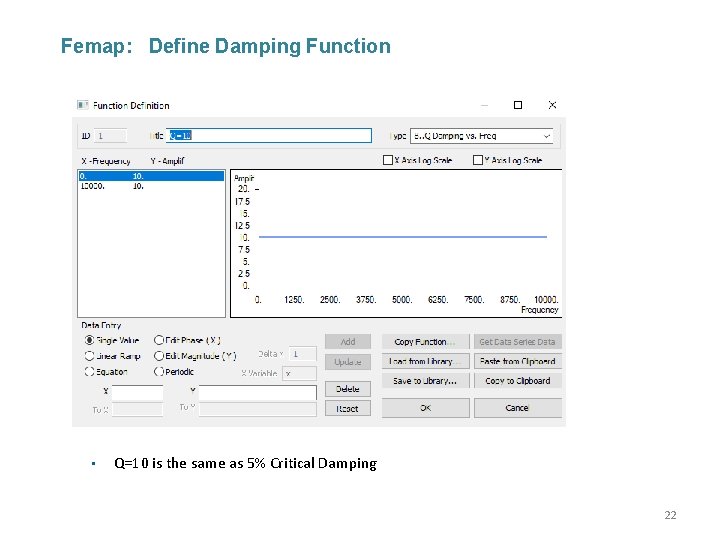 Femap: Define Damping Function • Q=10 is the same as 5% Critical Damping 22