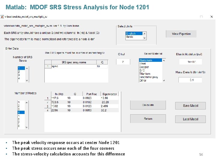 Matlab: MDOF SRS Stress Analysis for Node 1201 • • • The peak velocity