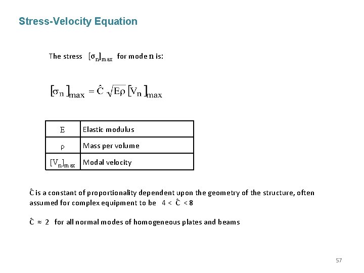 Stress-Velocity Equation The stress [σn]max for mode n is: E Elastic modulus ρ Mass
