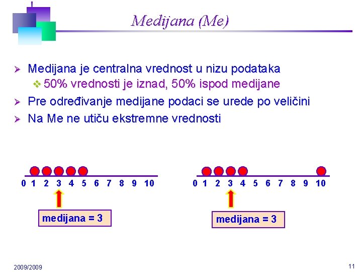 Medijana (Me) Ø Ø Ø Medijana je centralna vrednost u nizu podataka v 50%