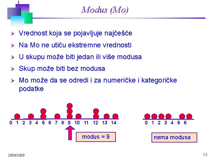 Modus (Mo) Ø Vrednost koja se pojavljuje najčešće Ø Na Mo ne utiču ekstremne