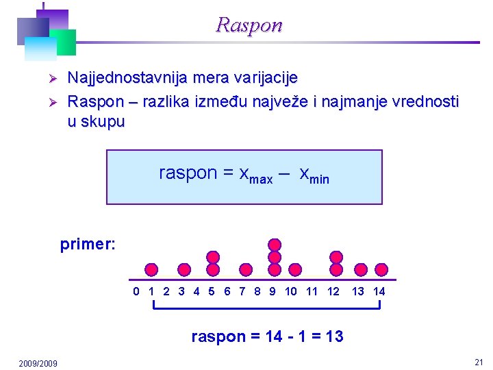 Raspon Ø Ø Najjednostavnija mera varijacije Raspon – razlika između najveže i najmanje vrednosti