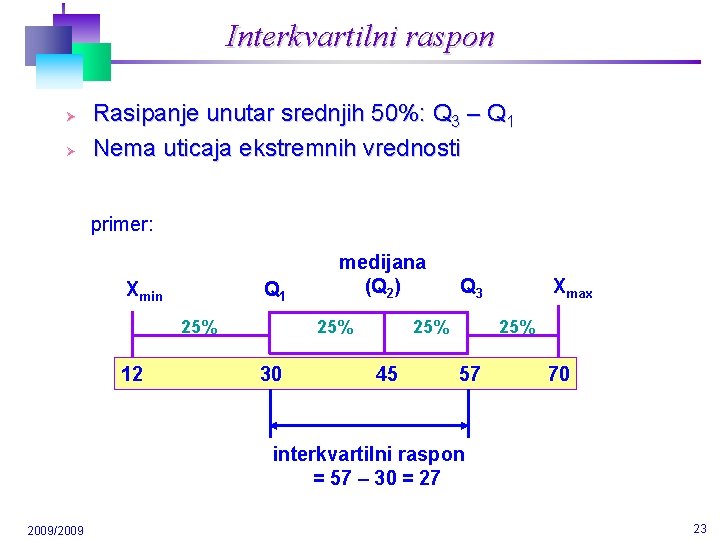 Interkvartilni raspon Ø Ø Rasipanje unutar srednjih 50%: Q 3 – Q 1 Nema