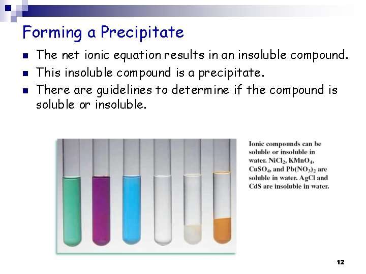 Forming a Precipitate n n n The net ionic equation results in an insoluble