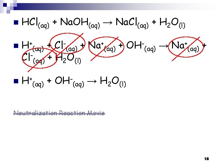 n n n HCl(aq) + Na. OH(aq) → Na. Cl(aq) + H 2 O(l)