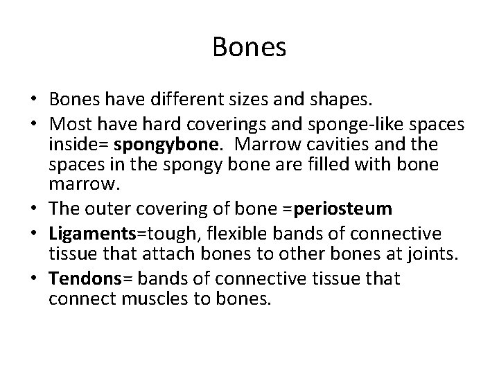 Bones • Bones have different sizes and shapes. • Most have hard coverings and