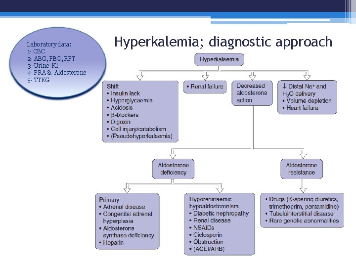 Laboratory data: 1 - CBC 2 - ABG, FBG, RFT 3 - Urine Kl