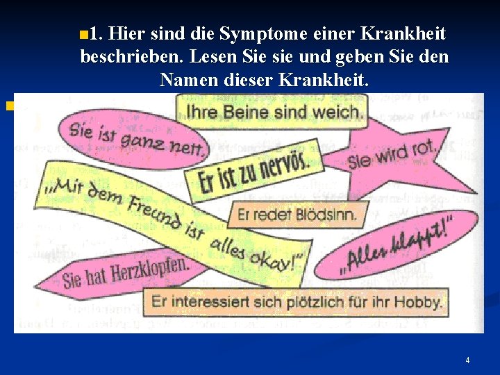 n 1. Hier sind die Symptome einer Krankheit beschrieben. Lesen Sie sie und geben