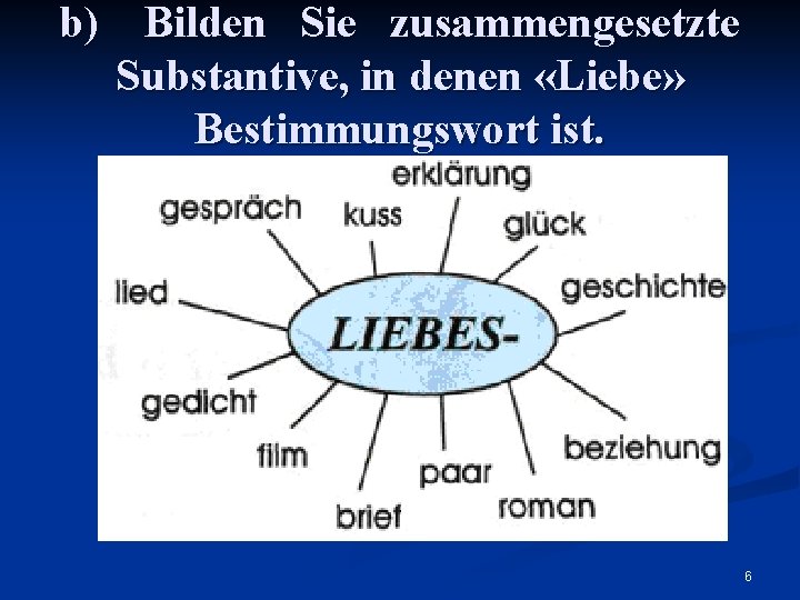 b) Bilden Sie zusammengesetzte Substantive, in denen «Liebe» Bestimmungswort ist. 6 