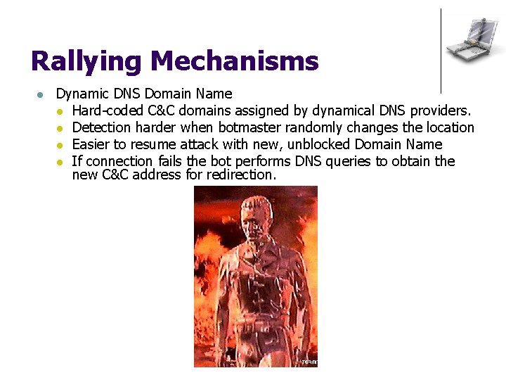 Rallying Mechanisms l Dynamic DNS Domain Name l Hard-coded C&C domains assigned by dynamical