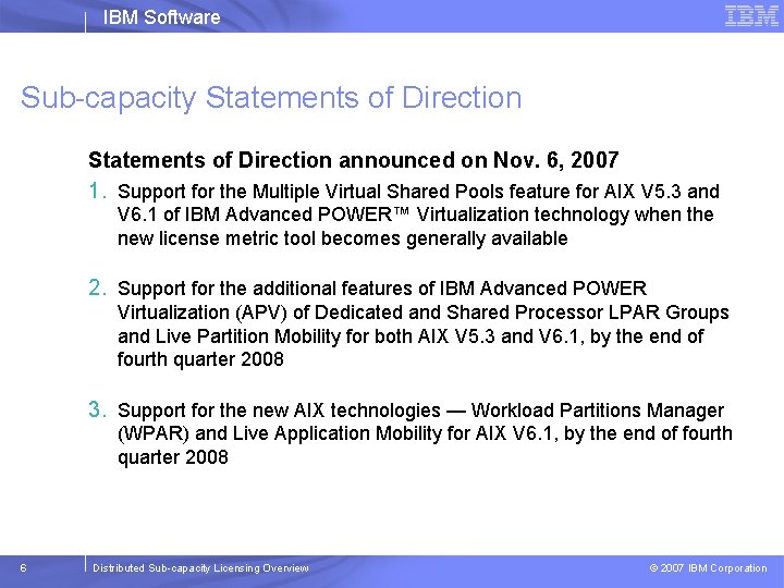 IBM Software Sub-capacity Statements of Direction announced on Nov. 6, 2007 1. Support for