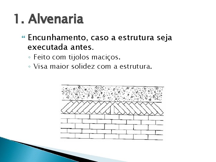 1. Alvenaria Encunhamento, caso a estrutura seja executada antes. ◦ Feito com tijolos maciços.