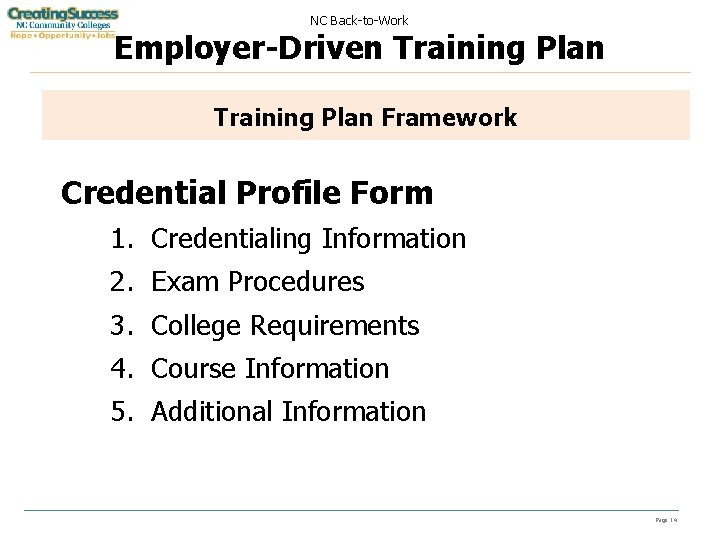 NC Back-to-Work Employer-Driven Training Plan Framework Credential Profile Form 1. Credentialing Information 2. Exam