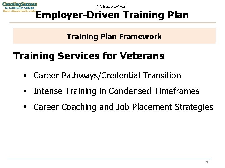 NC Back-to-Work Employer-Driven Training Plan Framework Training Services for Veterans § Career Pathways/Credential Transition