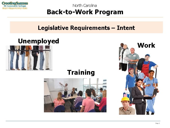 North Carolina Back-to-Work Program Legislative Requirements – Intent Unemployed Work Training Page 3 