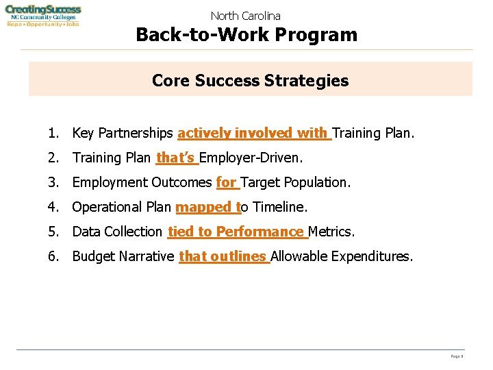 North Carolina Back-to-Work Program Core Success Strategies 1. Key Partnerships actively involved with Training