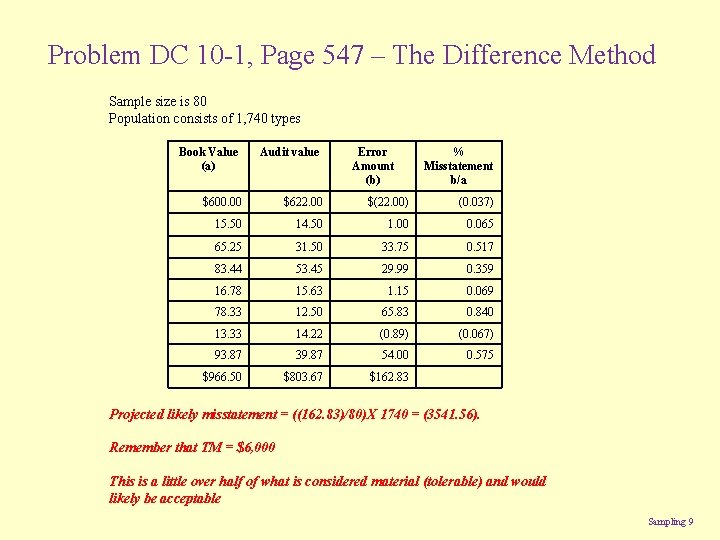 Problem DC 10 -1, Page 547 – The Difference Method Sample size is 80