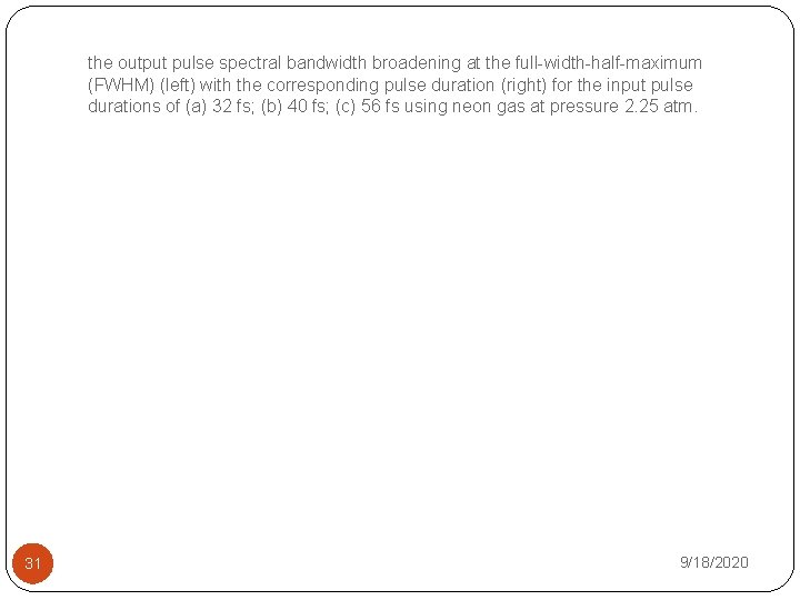 the output pulse spectral bandwidth broadening at the full-width-half-maximum (FWHM) (left) with the corresponding