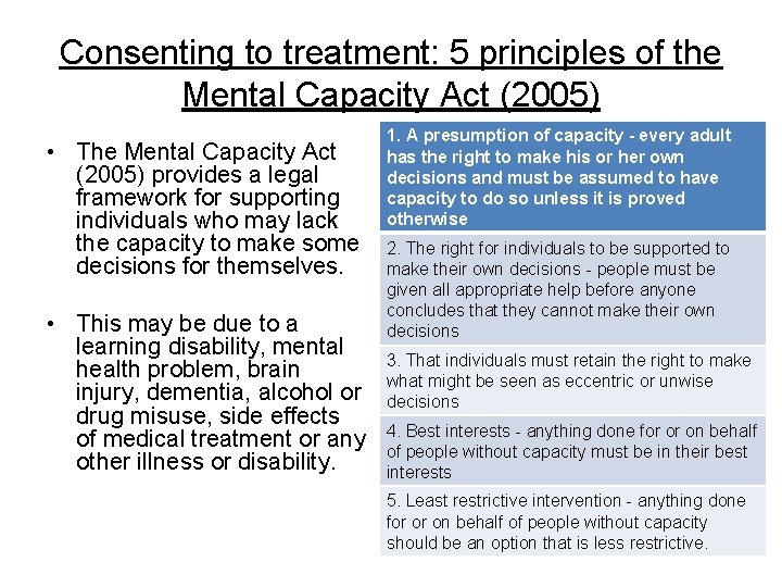 Consenting to treatment: 5 principles of the Mental Capacity Act (2005) • The Mental