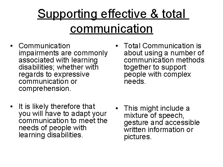 Supporting effective & total communication • Communication impairments are commonly associated with learning disabilities;