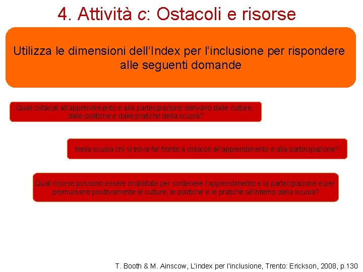 4. Attività c: Ostacoli e risorse Utilizza le dimensioni dell’Index per l’inclusione per rispondere