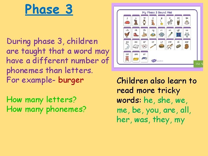 Phase 3 During phase 3, children are taught that a word may have a