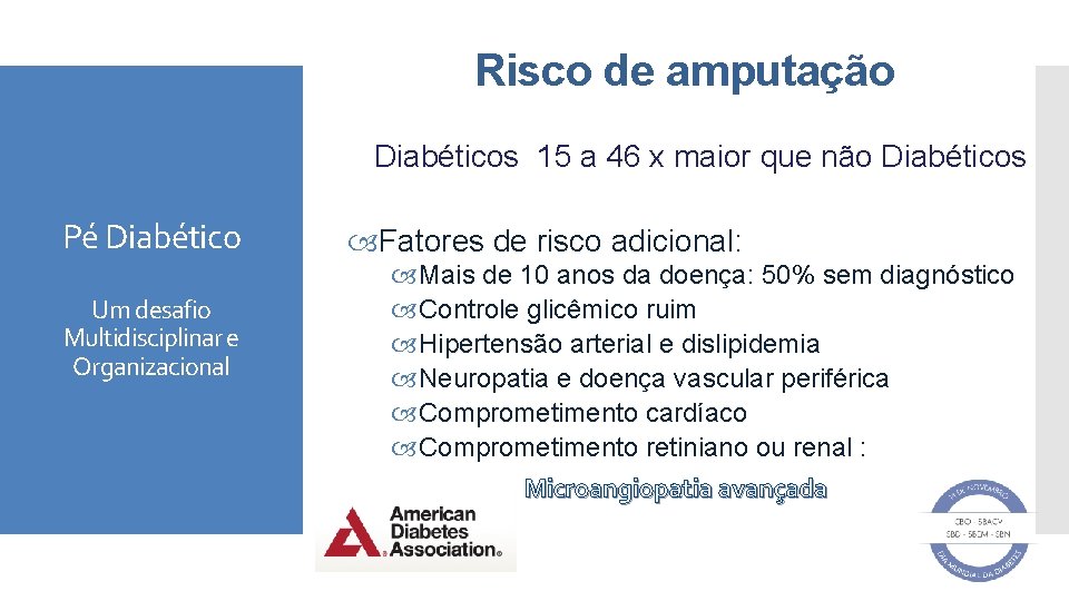 Risco de amputação Diabéticos 15 a 46 x maior que não Diabéticos Pé Diabético