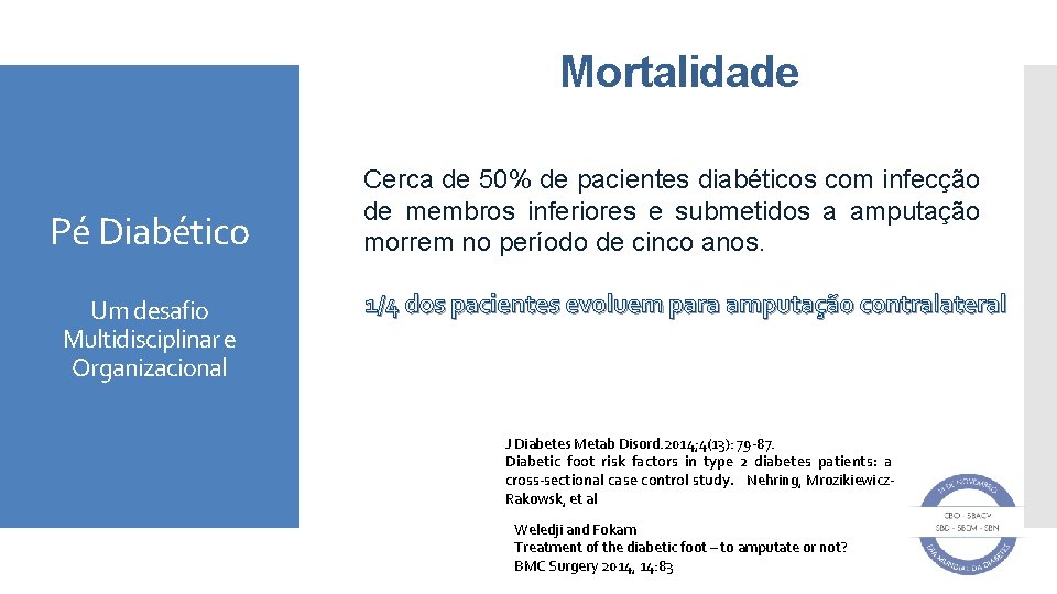 Mortalidade Pé Diabético Um desafio Multidisciplinar e Organizacional Cerca de 50% de pacientes diabéticos