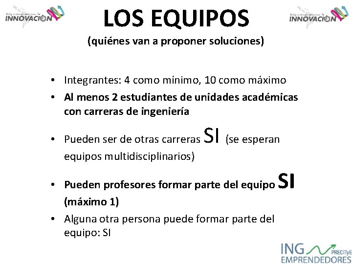 LOS EQUIPOS (quiénes van a proponer soluciones) • Integrantes: 4 como mínimo, 10 como