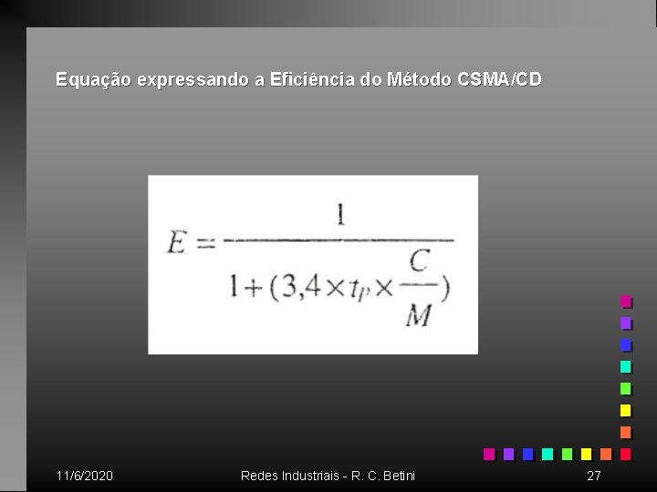 Equação expressando a Eficiência do Método CSMA/CD 11/6/2020 Redes Industriais - R. C. Betini