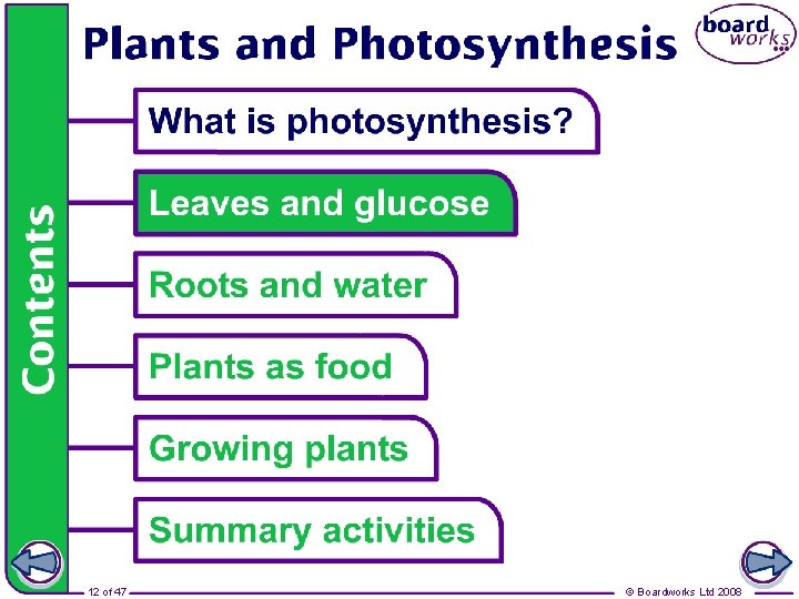 Leaves and glucose 12 of 47 © Boardworks Ltd 2008 