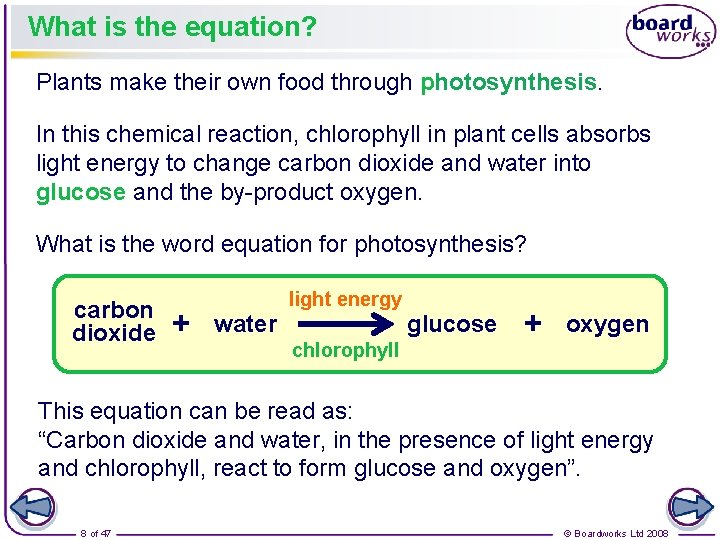 What is the equation? Plants make their own food through photosynthesis. In this chemical