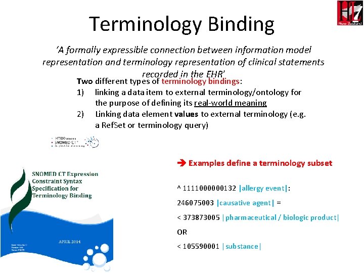 Terminology Binding ‘A formally expressible connection between information model representation and terminology representation of