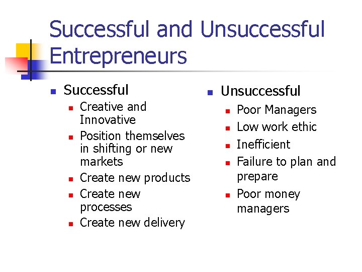 Successful and Unsuccessful Entrepreneurs n Successful n n n Creative and Innovative Position themselves
