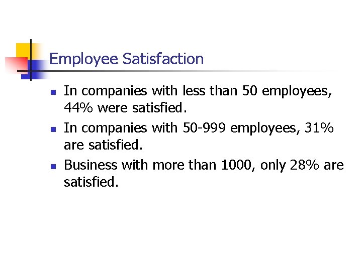 Employee Satisfaction n In companies with less than 50 employees, 44% were satisfied. In